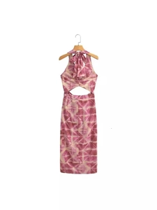 Summer tie-dye halter midi dress with back bow tie and waist cutout design