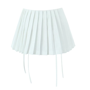 Detail of white pleated mini skirt featuring high waist design and hanging streamers