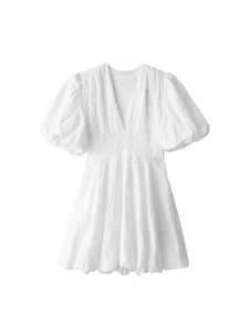Robe Courte Femme Col en V Manches Bouffantes Élégante Broderie Florale Jacquard Taille Haute Robe Décontractée Été