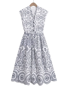 Women's Sleeveless V Neck Embroidery Dress Hollow Out Eyelet Button Front A-Line Long Dress With Belt Summer Resort Wear