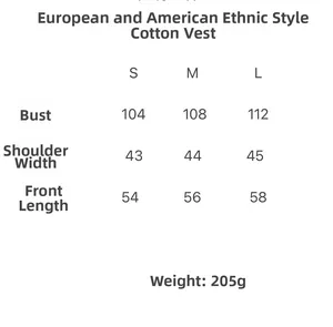 Detailed size chart for ethnic print cotton vest showing bust and shoulder measurements