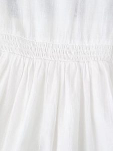 Détail de la taille élastique smokée avec tissu texturé sur une chemise blanche en V