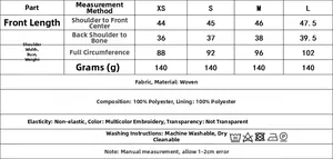 Detailed size chart for Y2K embroidered vest showing bust, length, and material specs
