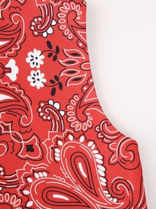 Red paisley print fashion vest jacket with black and white ethnic pattern details