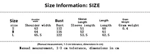Size chart for women's long sleeve printed jacket showing S, M, L measurements in cm