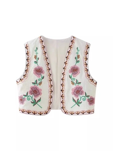 Women Vintage Floral Embroidered Vest Bohemian Sleeveless V Neck Short Open Front Waistcoat Ethnic Style Outerwear Top