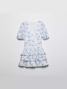Women Sweet V-Neck Floral Print Mini Dress Cotton Blend Puff Sleeve Lace Patchwork Tiered Ruffle Cake Summer Casual Dress