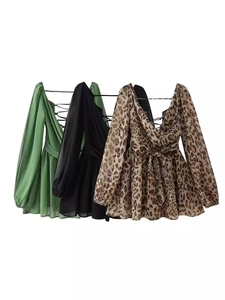 Mini Robe Sexy Dos Nu Pour Femmes Été Mousseline Manches Lanternes Col En V Lacets Noeud À La Taille Robe De Fête