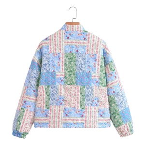 Back view of floral patchwork quilted jacket showing clean stitching and vibrant prints