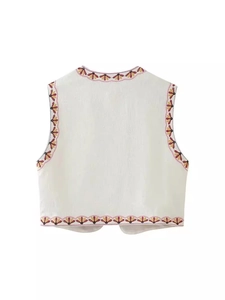 Short vintage ivory vest with colorful flower embroidery and bohemian sleeveless design