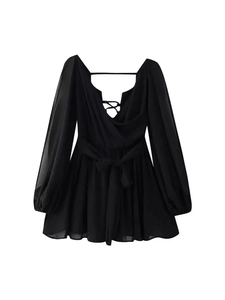 Robe courte noire dos nu sexy avec manches lanternes et détails lacés en maille