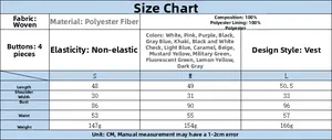 Detailed size chart for women's V-neck vest including S, M, L dimensions and fabric info