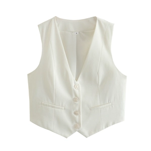 Classic white V-neck suit vest for women with four white buttons and a slim tailored cut