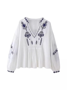 Chemisier Brodé Ethnique Bohême pour Femmes Col en V Manches Longues Lanterne Taille Smockée Blanc Bleu Floral Top