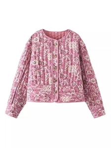 Women Vintage Floral Quilted Jacket Round Neck Single Breasted Padded Coat Loose Casual Outerwear Spring Autumn