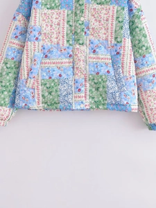 Women's patchwork floral quilted jacket with colorful print and long sleeves