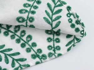Detailed macro shot of deep green leaf embroidery and hollowed-out patterns on white fabric