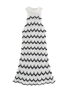 Women Sexy Striped Knit Sleeveless Mini Dress Black White Zigzag Hollow Out Halter Neck Bodycon Summer Beach Dress
