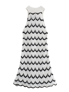 Chic black and white striped knit mini dress with halter neck and wave pattern