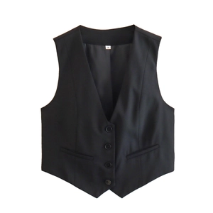 Detailed flat lay of a black V-neck vest showing 4-button closure and size S label