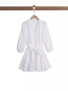 French Style V Neck Hollow Out Eyelet Embroidery Long Sleeve Mini Dress For Women With Waist Belt White Cotton Dress