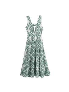 Women Sexy V-Neck Cutout Embroidery Maxi Dress Boho Sleeveless Tiered Backless Vacation Summer Long Dress