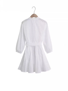 French style white mini dress with long sleeves, V-neck, belt and delicate hollow embroidery