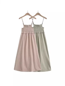 Damen Sommer Smocked Midikleid Verstellbare Träger Mit Holzperlen Rüschen A-Linie Ärmellos Rückenfrei Urlaub Strand Maxikleid