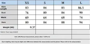 Detailed size chart for women's polka dot halter dress in sizes XS to L with measurements
