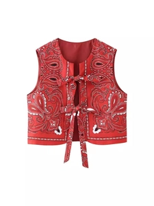 Women Fashion Paisley Leopard Print Quilted Padded Vest Sleeveless Lace Up Bow Open Front Streetwear Waistcoat Top