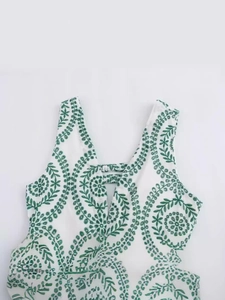 Summer backless white dress with green leaf embroidery and sexy deep V-neckline
