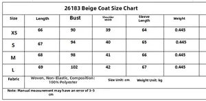 Detailed size guide table for women's beige blazer with measurements in centimeters