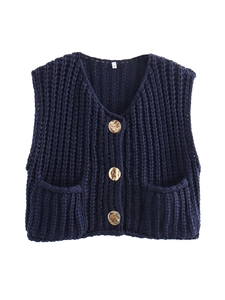 Macro detail of navy blue chunky knit vest with vintage buttons and V-neckline texture