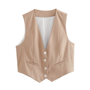 Detail view of khaki V-neck vest showing white buttons and size M inner collar label