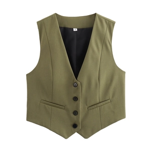 Detail of olive green V-neck vest with four black buttons and faux pockets
