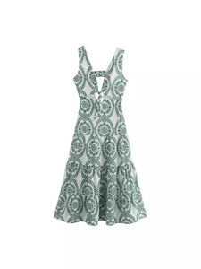 Sleeveless white mini dress with green floral embroidery, V-neck and waist cut-out
