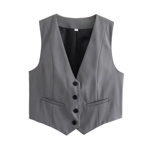 Detail view of a gray V-neck suit waistcoat featuring four black buttons and faux pockets