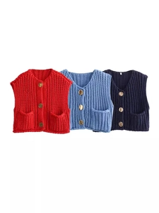 Women's Casual Y2K Coarse Knit Vest V-Neck Single-Breasted Sleeveless Cardigan Gilet With Pockets Gold Buttons