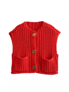 Y2K loose chunky knit red vest with golden buttons and two front pockets on white background