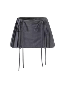 Dark gray high-waisted pleated mini skirt with dual zippers and decorative side ribbons
