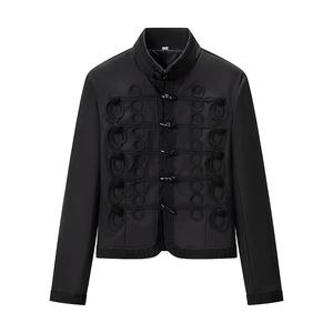 Women Neo Chinese Style Black Stand Collar Cropped Jacket Military Hussar Braided Toggle Button Slim Fit Short Coat Streetwear