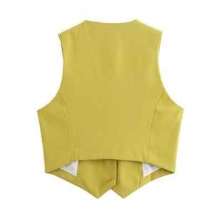 Back view of mustard yellow V-neck tailored vest showing slim fit seams and swallowtail hem
