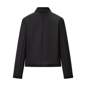 Rear view of black jacket showing stand collar and striped trim on cuffs and hemline