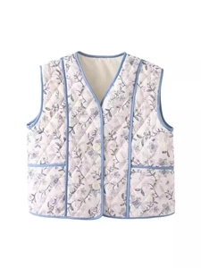 Women Casual Floral Quilted Vest V Neck Single Breasted Sleeveless Jacket Vintage Pastoral Style Cotton Padded Waistcoat