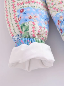 Women's autumn quilted jacket with vintage floral patchwork and elastic cuffs detail