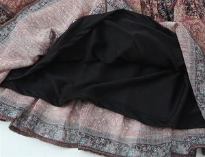Detailed close-up showing the vintage print chiffon fabric with black anti-see-through lining