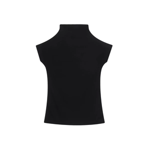 Detail of a slim fit black sleeveless high neck top with elastic cotton blend fabric