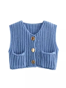 Y2K loose sky blue chunky knit vest for women with V-neck and metallic buttons