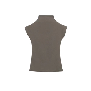 Detailed view of dark brown mock neck sleeveless top featuring smooth knitted texture