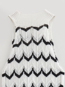 Close-up of black and white zigzag knit pattern with detailed ribbed crew neckline
